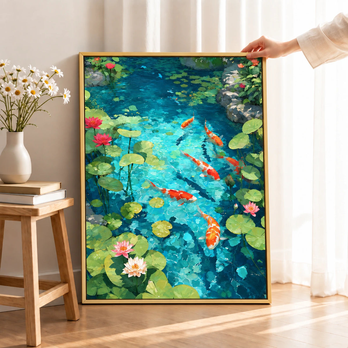 Gold-framed koi pond painting beside a flower-topped stool, with a hand holding the frame near a bright window.