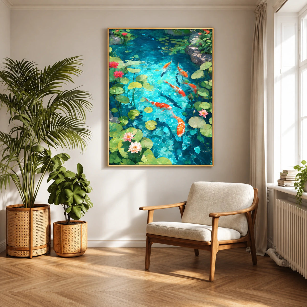 Gold-framed koi pond painting above a cream lounge chair beside houseplants in a sunlit room.