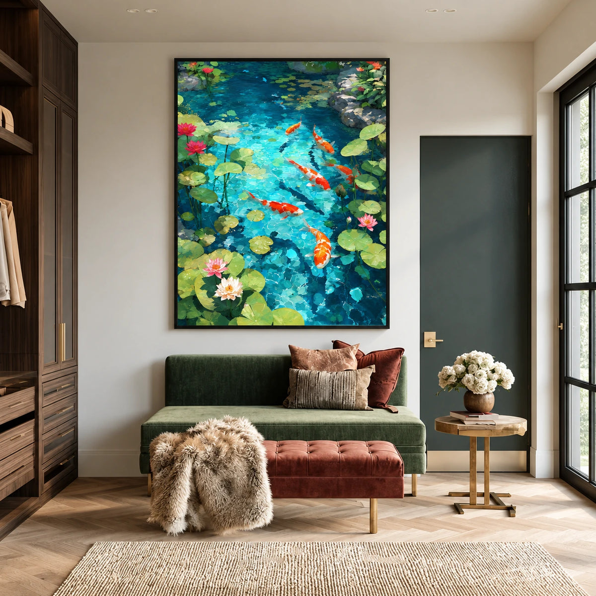 Koi pond painting in a black frame above a green loveseat and rust-colored ottoman.