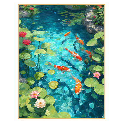 Koi Garden vertical artwork in a gold frame on a transparent background.