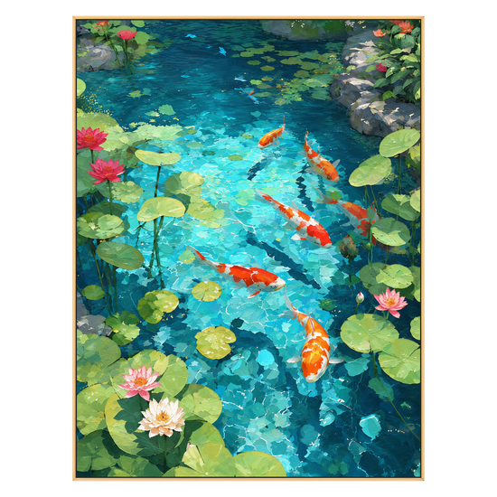 Koi Garden vertical artwork in a gold frame on a transparent background.