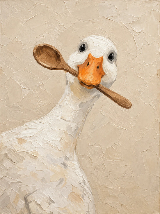 Full artwork of a white duck with an orange bill holding a wooden spoon against a textured beige background.