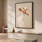 Spoon duck painting in a black frame above a low cabinet with ceramic decor.