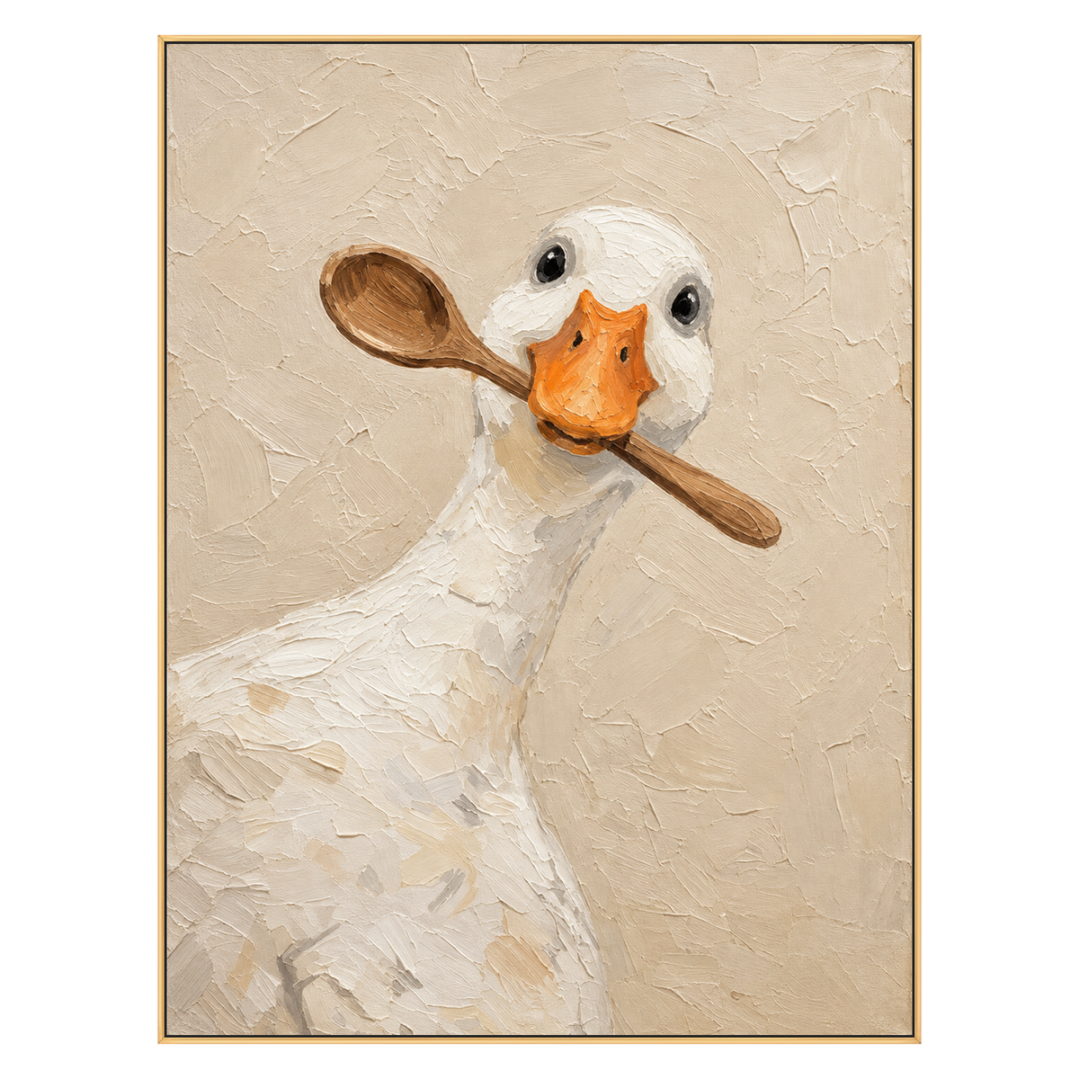 Spoon Duck vertical artwork in a gold frame on a transparent background.