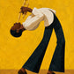 Full artwork of a trumpet player in a cream striped shirt and dark flared trousers against a golden-yellow background.
