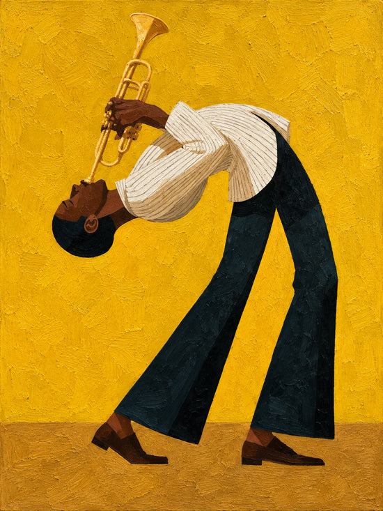 Full artwork of a trumpet player in a cream striped shirt and dark flared trousers against a golden-yellow background.