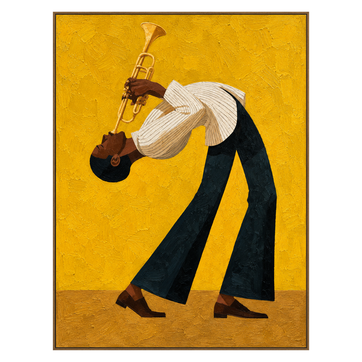 Golden Jazz vertical artwork in a natural wood frame on a transparent background.