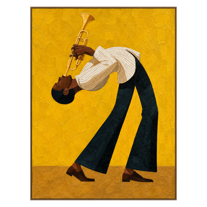 Golden Jazz vertical artwork in a natural wood frame on a transparent background.