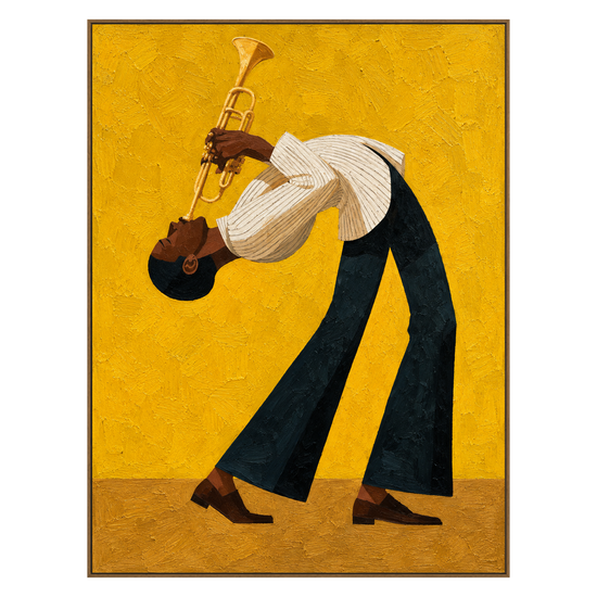 Golden Jazz vertical artwork in a natural wood frame on a transparent background.