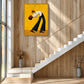 Golden jazz painting displayed on a tall wood-paneled wall beside a sunlit staircase.