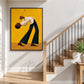 Trumpet player painting in a black frame beside a staircase with wood steps and dark railings.