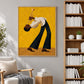 Golden jazz painting above a lounge chair beside a bookshelf and houseplant.
