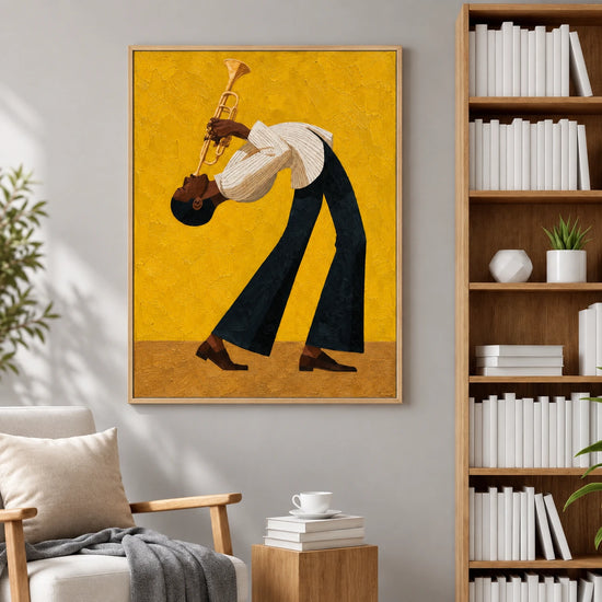 Golden jazz painting above a lounge chair beside a bookshelf and houseplant.