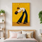 Golden-yellow trumpet player painting above a bed with neutral linens and blush cushions.