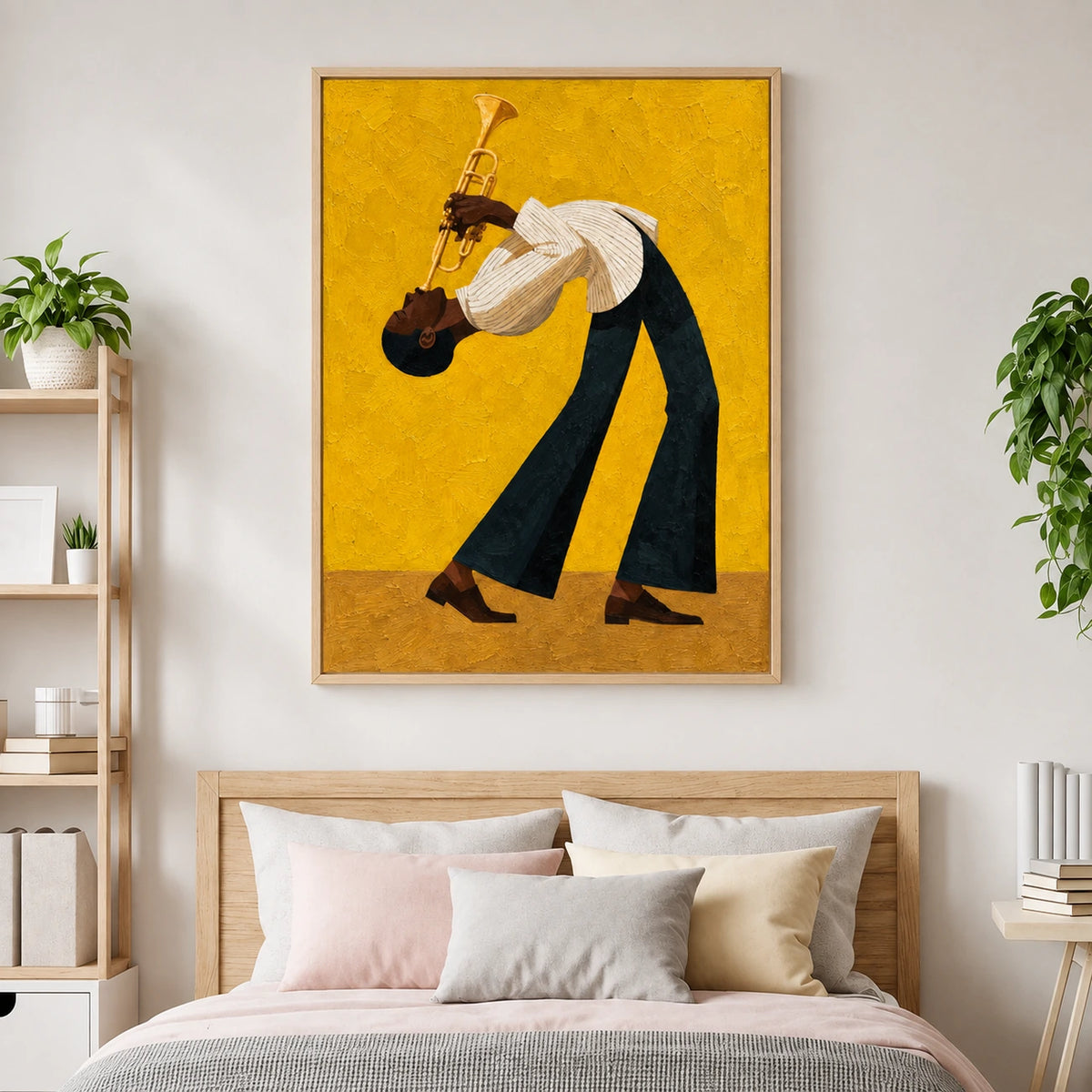 Golden-yellow trumpet player painting above a bed with neutral linens and blush cushions.