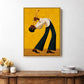 Framed golden jazz painting above a rustic sideboard with flowers and stacked dishes.