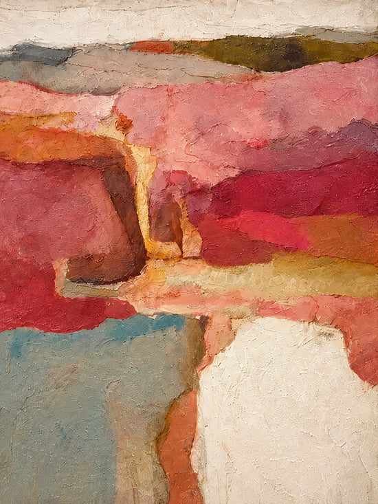 Full abstract artwork with layered rose and terracotta color fields, muted blue-green and creamy white passages.
