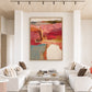 Rose Canyon abstract painting above white sofas in a bright living room with a wood ceiling.
