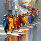 Full artwork of figures in blue, orange, yellow and violet winding through gray city buildings with colorful reflections.