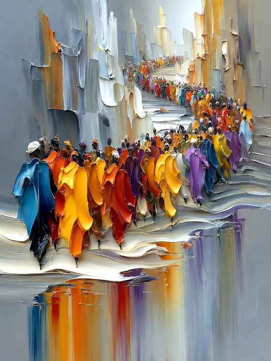 Full artwork of figures in blue, orange, yellow and violet winding through gray city buildings with colorful reflections.