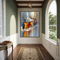 City Parade painting in a brown wood frame at the end of a green hallway with arched windows.