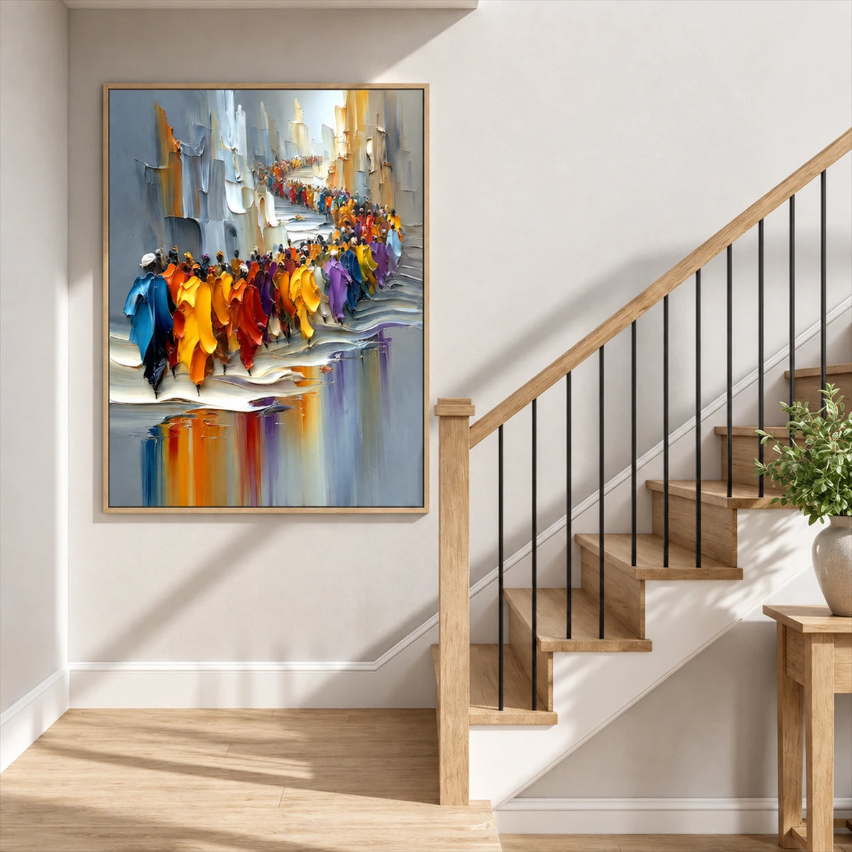 Colorful city procession painting in a light frame beside a wood staircase.