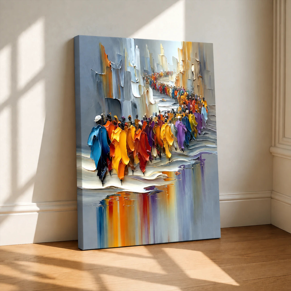 City Parade artwork on stretched canvas without an outer frame, leaning against a sunlit wall.