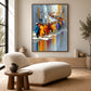 Colorful city procession painting above a curved neutral sofa beside a wood side table.