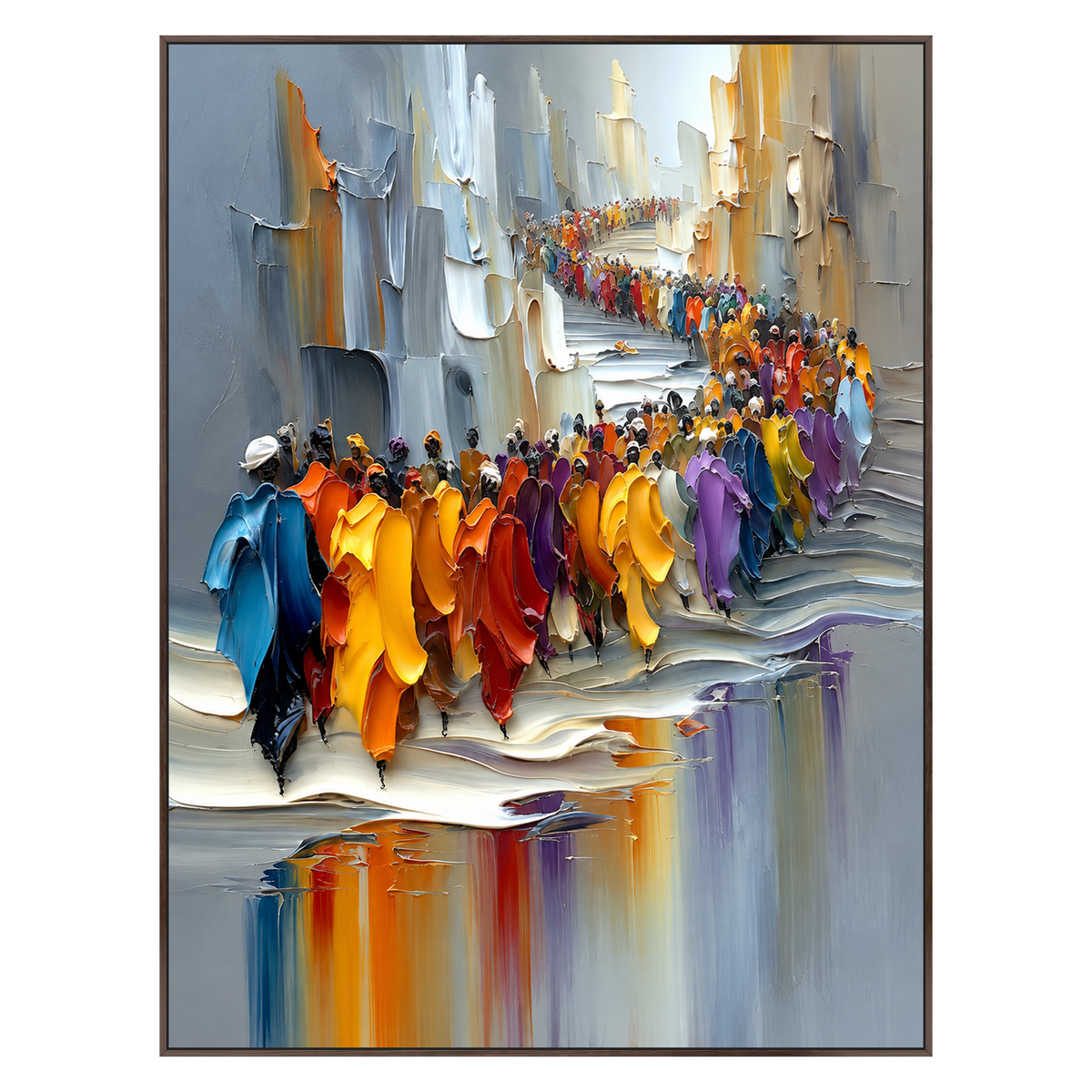 City Parade vertical artwork in a dark brown wood frame on a transparent background.