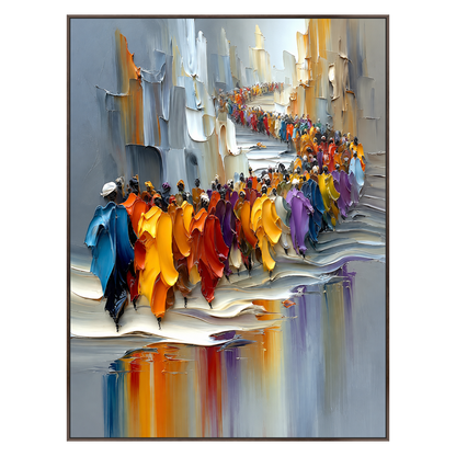 City Parade vertical artwork in a dark brown wood frame on a transparent background.