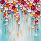 Full abstract floral artwork with pink, magenta, lilac, orange and white petal-like forms cascading over pale turquoise.
