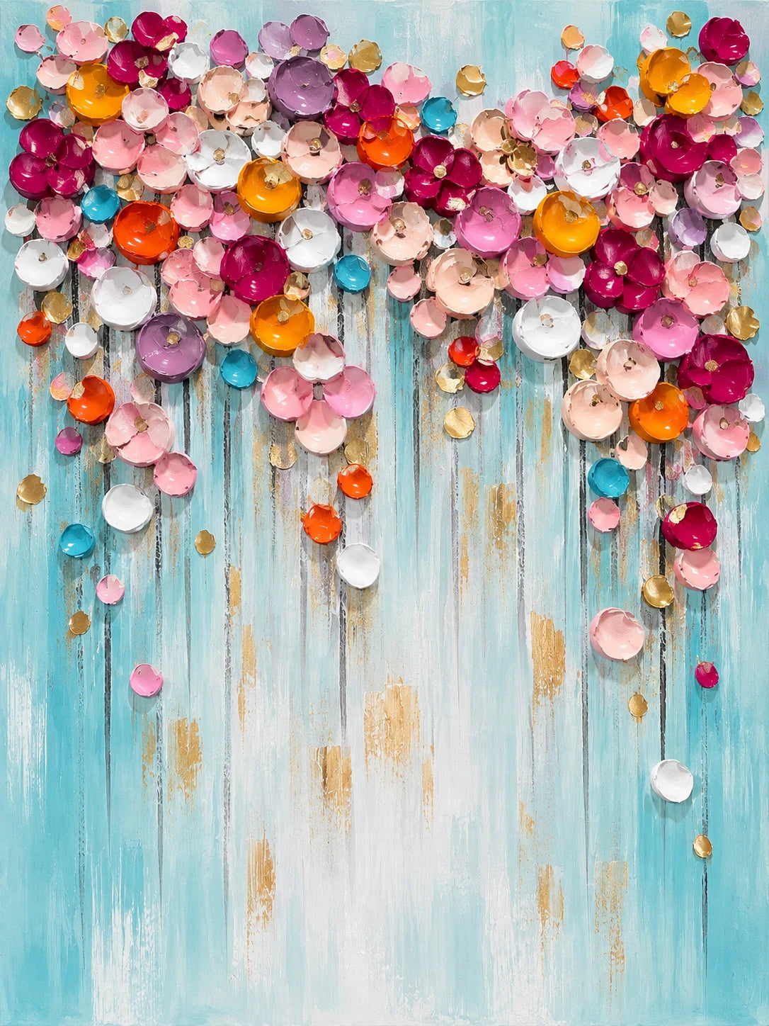 Full abstract floral artwork with pink, magenta, lilac, orange and white petal-like forms cascading over pale turquoise.