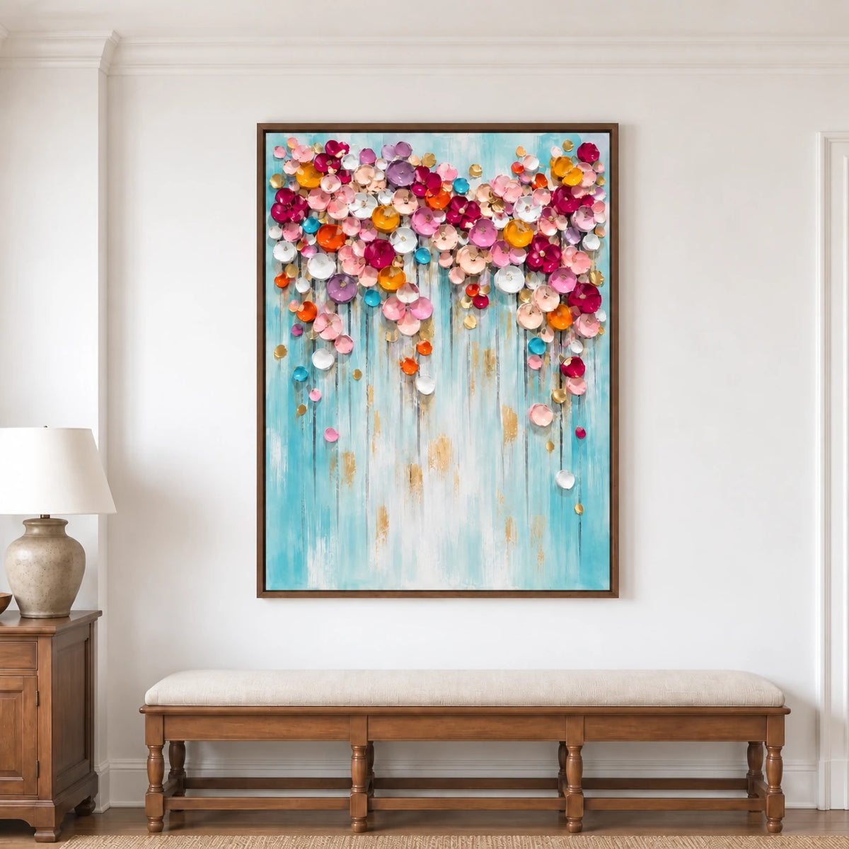 Colorful cascading bloom painting above an upholstered wood bench against white wall paneling.