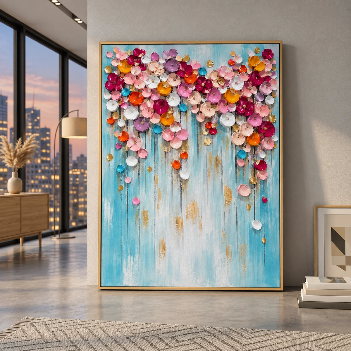Bloom Cascade painting in a gold frame leaning beside tall windows and a low shelf.