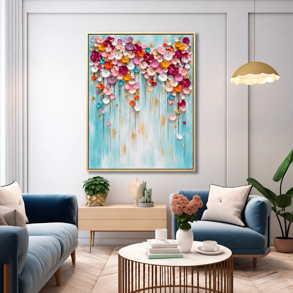 Cascading bloom painting above a living room seating area with blue sofas and a round coffee table.