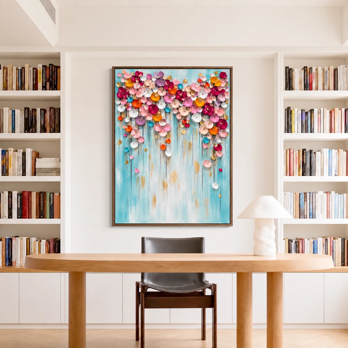 Bloom Cascade painting above a wood desk between white bookcases in a bright study.
