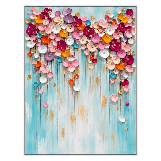 Bloom Cascade vertical artwork in a white frame on a transparent background.