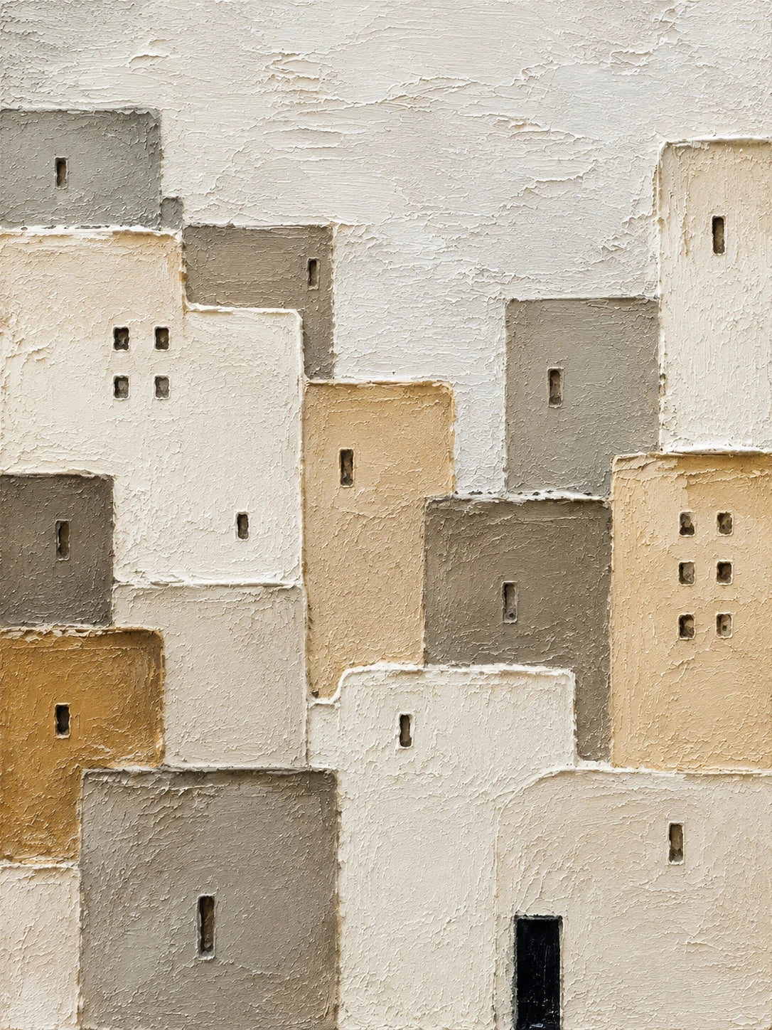 Full artwork of overlapping textured village buildings in ivory, sand and warm gray, with small dark windows and a black doorway.