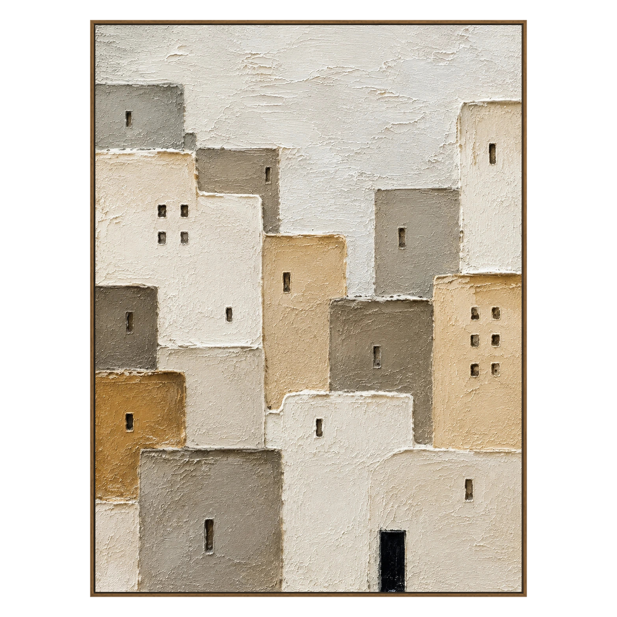 Layered ivory, sand and gray village buildings in a natural wood frame on a transparent background.