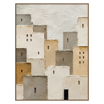 Layered ivory, sand and gray village buildings in a natural wood frame on a transparent background.