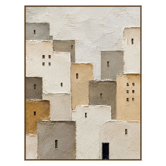 Layered ivory, sand and gray village buildings in a natural wood frame on a transparent background.
