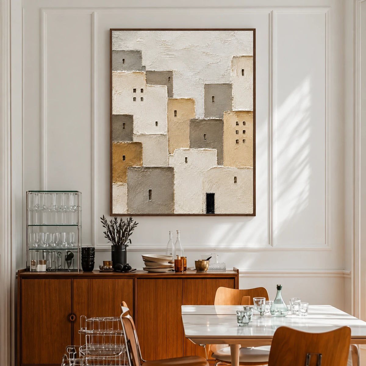Neutral architectural painting in a brown wood frame above a sideboard in a dining room.