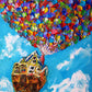 Full artwork of a small house suspended beneath multicolored balloons among white clouds in a bright blue sky.