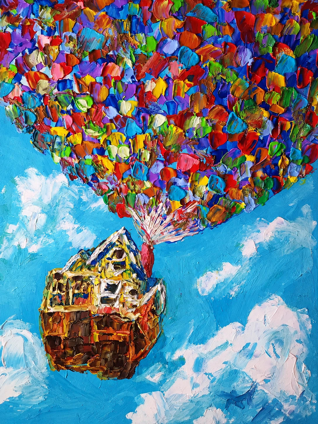 Full artwork of a small house suspended beneath multicolored balloons among white clouds in a bright blue sky.