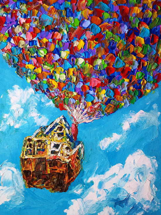 Full artwork of a small house suspended beneath multicolored balloons among white clouds in a bright blue sky.