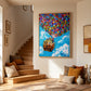 Colorful balloon house painting displayed beside a sunlit staircase with floor cushions.