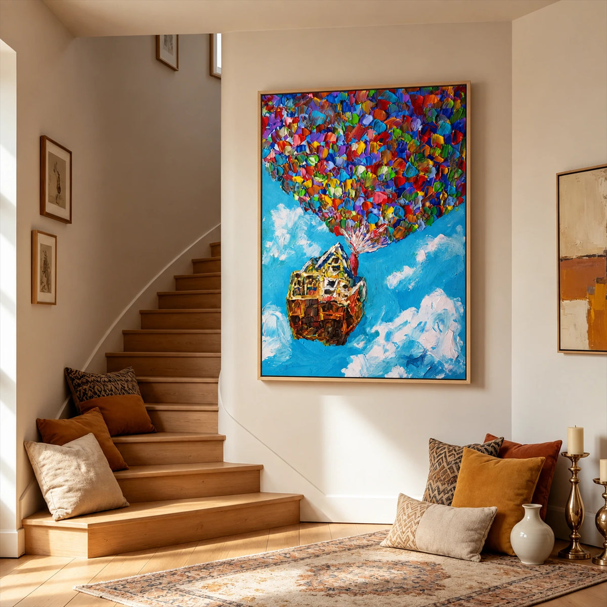Colorful balloon house painting displayed beside a sunlit staircase with floor cushions.