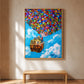 Balloon House painting in a light frame above a simple wood bench on a sunlit wall.