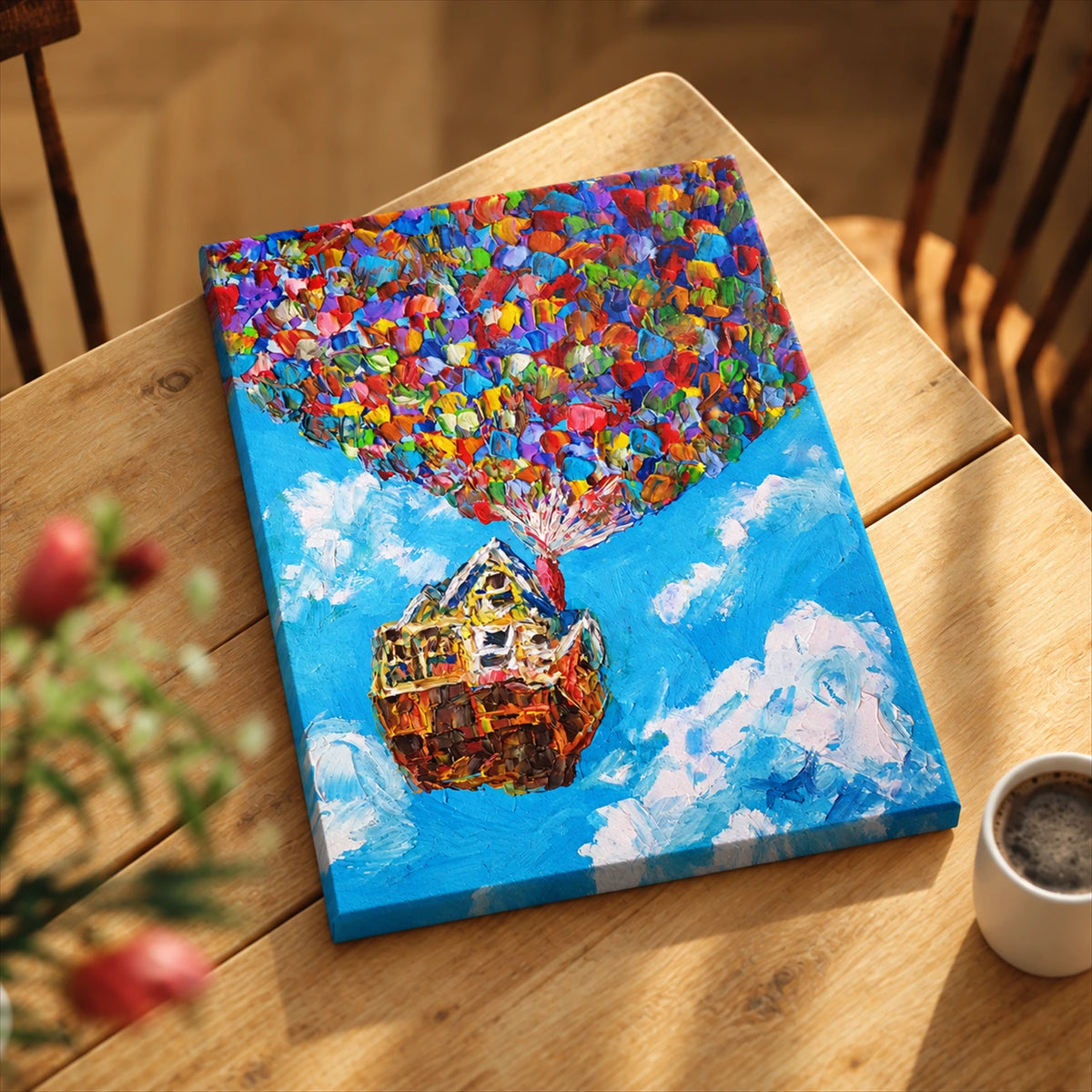 Unframed Balloon House canvas resting on a wood table beside a cup in warm sunlight.