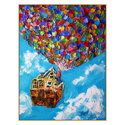 Balloon House vertical artwork in a gold frame on a transparent background.